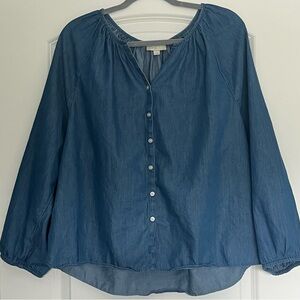 LOFT chambray shirred button front shirt sweetheart neckline balloon sleeves XL